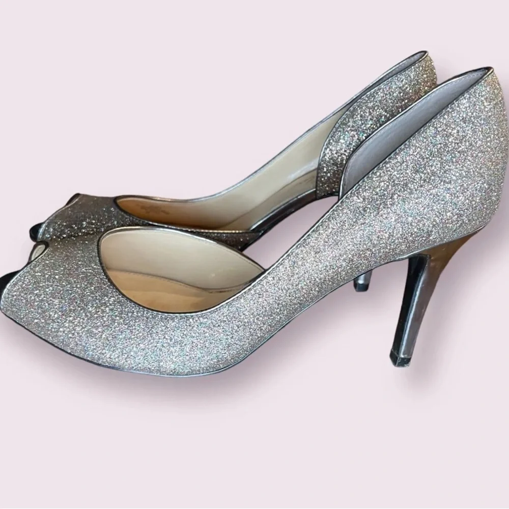Marc Fisher Silver Metallic Joey 3  Peep Toe High Heel Pumps size 7